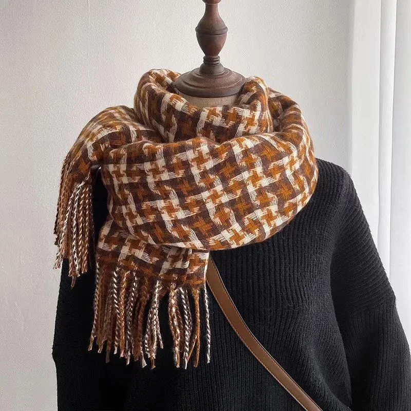 

Classic Grid Checkered Scarf Plaids Women Winter Decorated Knitted Fashion Knit Thickening Scarves Pashmina Shawl Wraps Scarfs