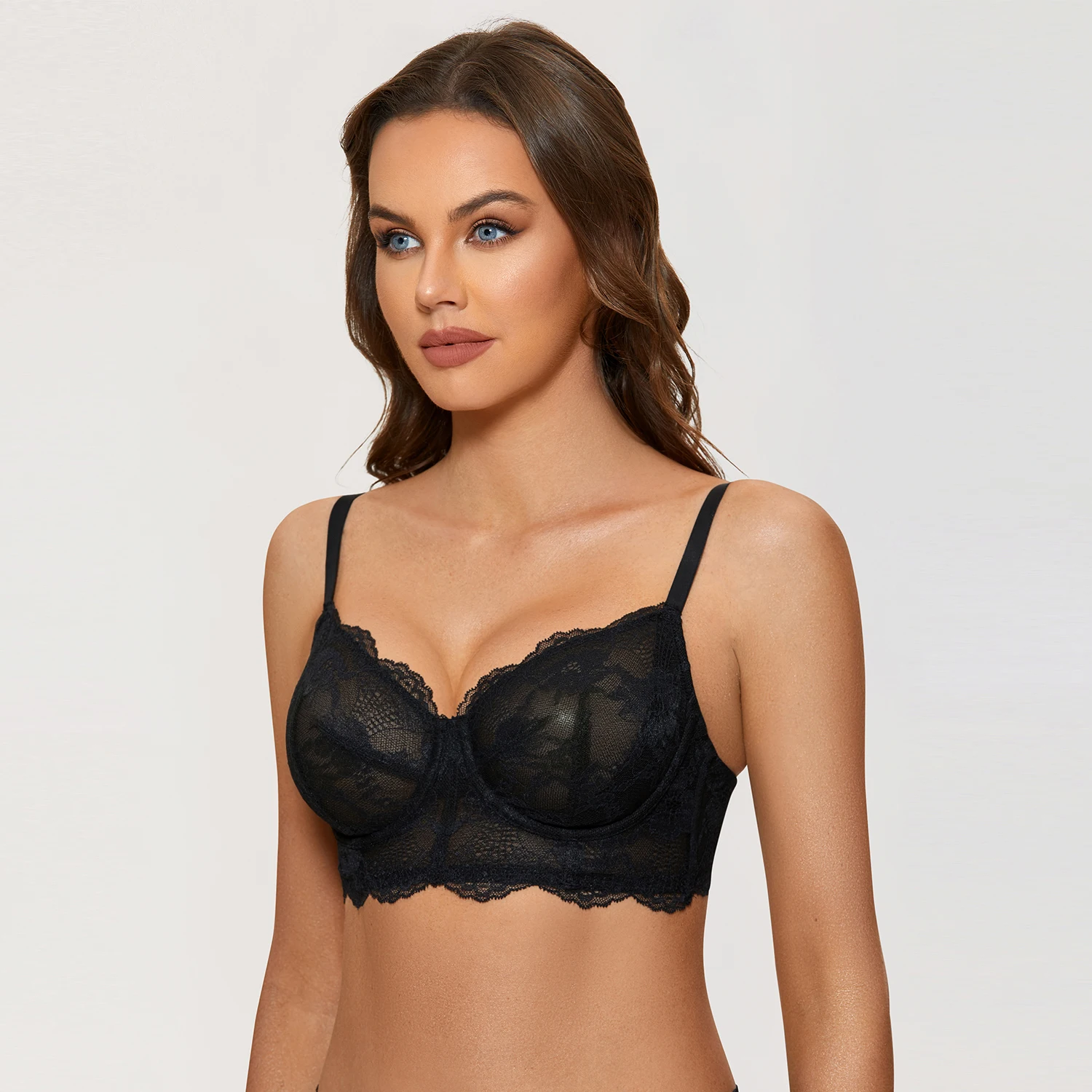 DOBREVA Women's See Through Lace Bra Low Back Sexy Balconette Bras Underwire Unlined Bralette Minimizer Plus Size Transparent