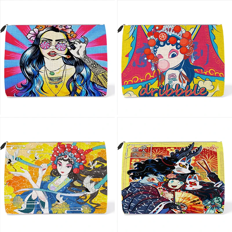 

Cute Girl Women's Cosmetic Bags Cartoon Chinese Style Print Makeup Bags Casual Travel Toiletry Bag Lipstick Cosmetic Storage Bag