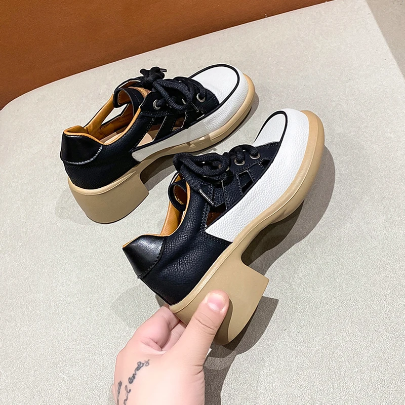 Summer Cut-out Sneakers Woman Feminine High Heel Dress Shoes Ladies Casual Lace-Up Platform Sandals Wide Fit
