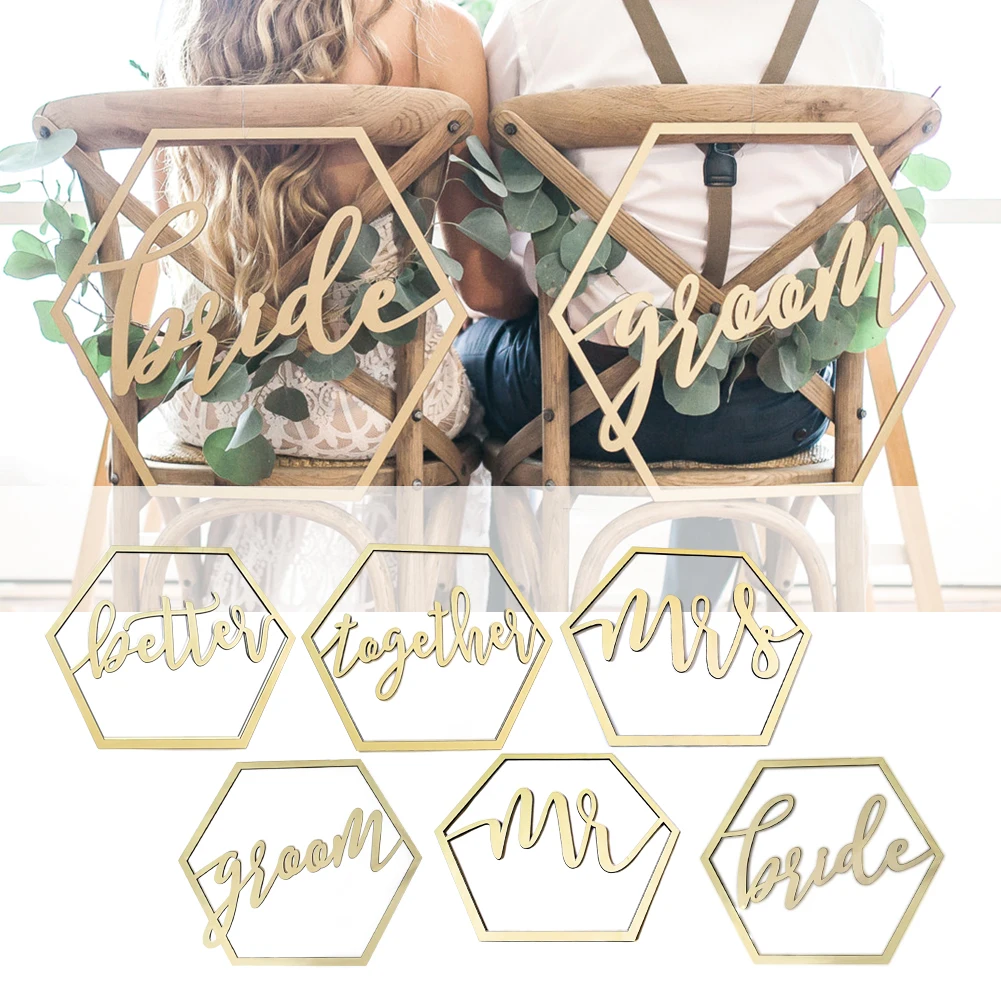 

2pcs Wood Sign Chair Banner DIY Wedding Party Decoration for Engagement Word Art Chair Decoration White Ribbon Party Supplies