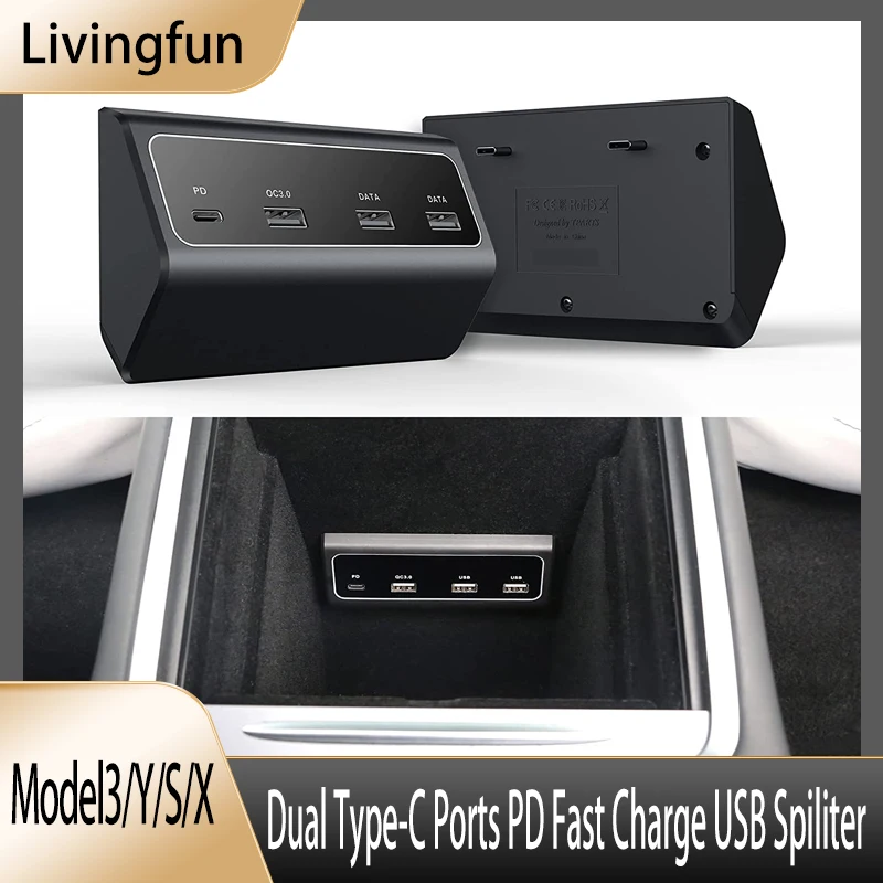 

USB Hub Compatiable with Tesla Model3/Y/S/X 21-22 Dual Type-C Ports PD Fast Charge USB Spiliter