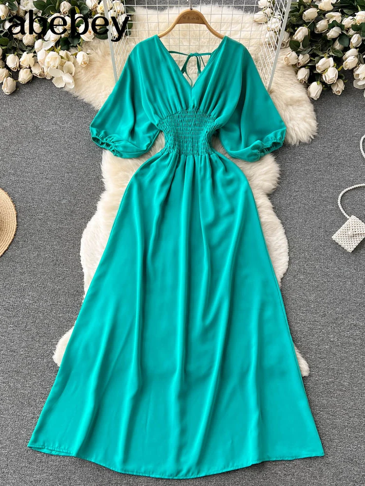 

Женское винтажное платье с V-образным вырезом, коротким рукавом-фонариком и высокой эластичной талией