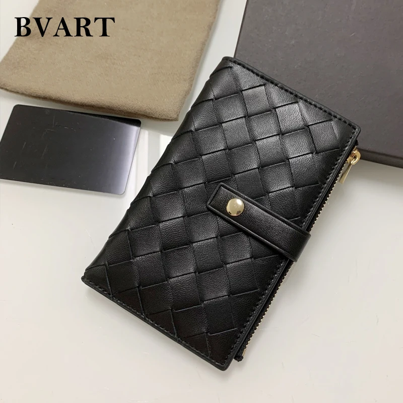 

Genuine Leather Plaid Hand-Woven Bifold Zipper Hasp Wallet Multi-Card-Slot Coin Purse Men's and Women's Same Wallet Card Holder