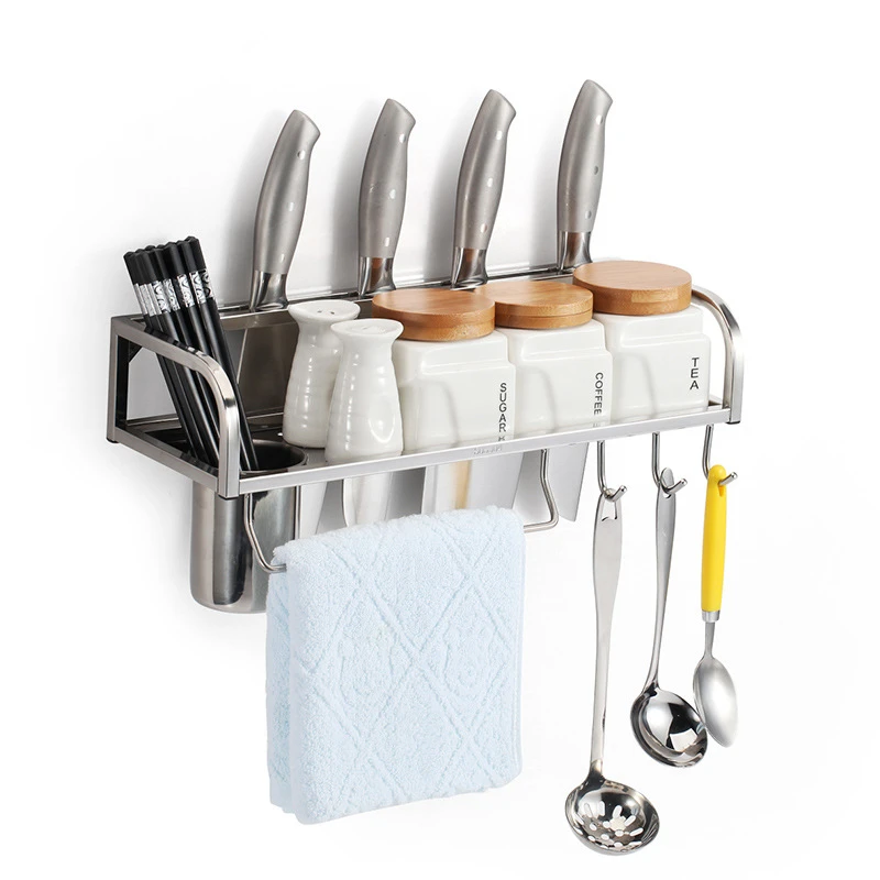

Stainless Steel Spice Rack 5 in 1 Wall Mounted Hanging Knives Holder Cutlery Container Tools Rag Accessories Storage Organizer