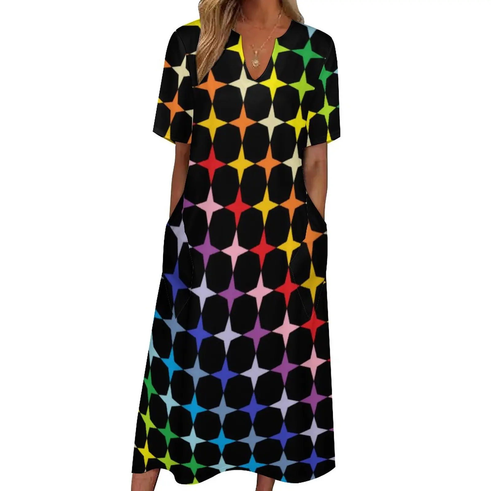 

Funny Rainbow Dress Four Points Stars Cute Maxi Dress V Neck Design Bohemia Long Dresses Street Style Oversized Vestidos