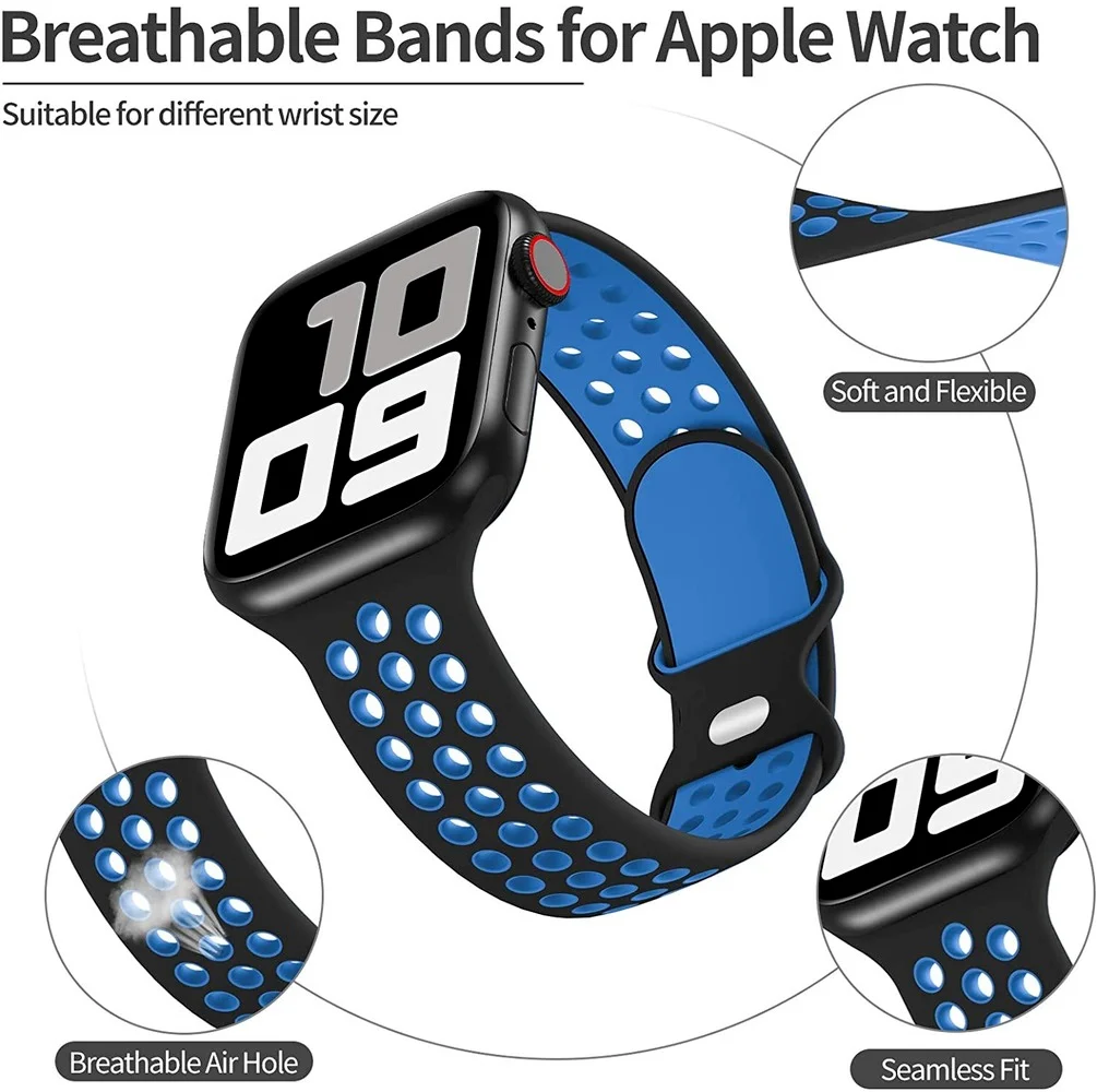 Ремешок силиконовый для Apple Watch band 44 мм 40 38 42 мягкий воздухопроницаемый браслет