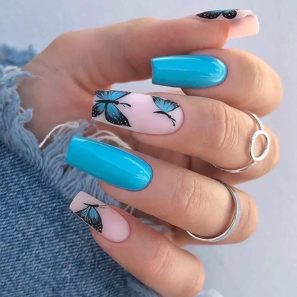 

Blue Black Butterfly Pattern Fake Nails Glossy Matte Long Coffin Ballerina False Nails With Press Glue Artificial Manicure Tool