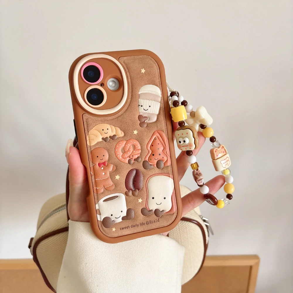 3D Circular Cortex Leather Gingerbread Man Pattern With Bracelet Phone Case For iPhone 13 14 15 16 pro max Shockproof Back Cover