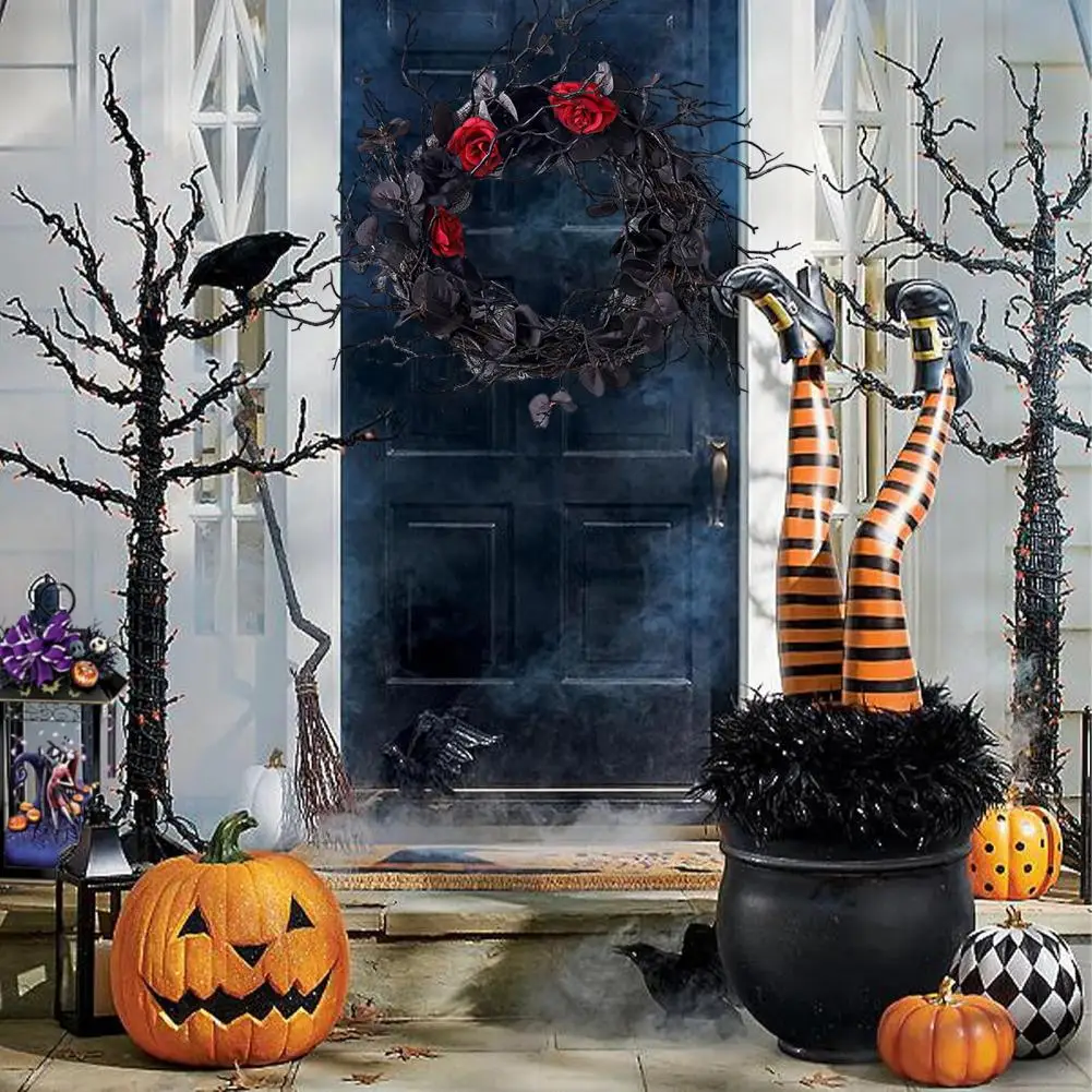 

Венок на Хэллоуин, праздничный домашний декор, жуткая гирлянда на Хэллоуин из мертвых ветвей, Реалистичная имитация цветка, черное украшение для двери