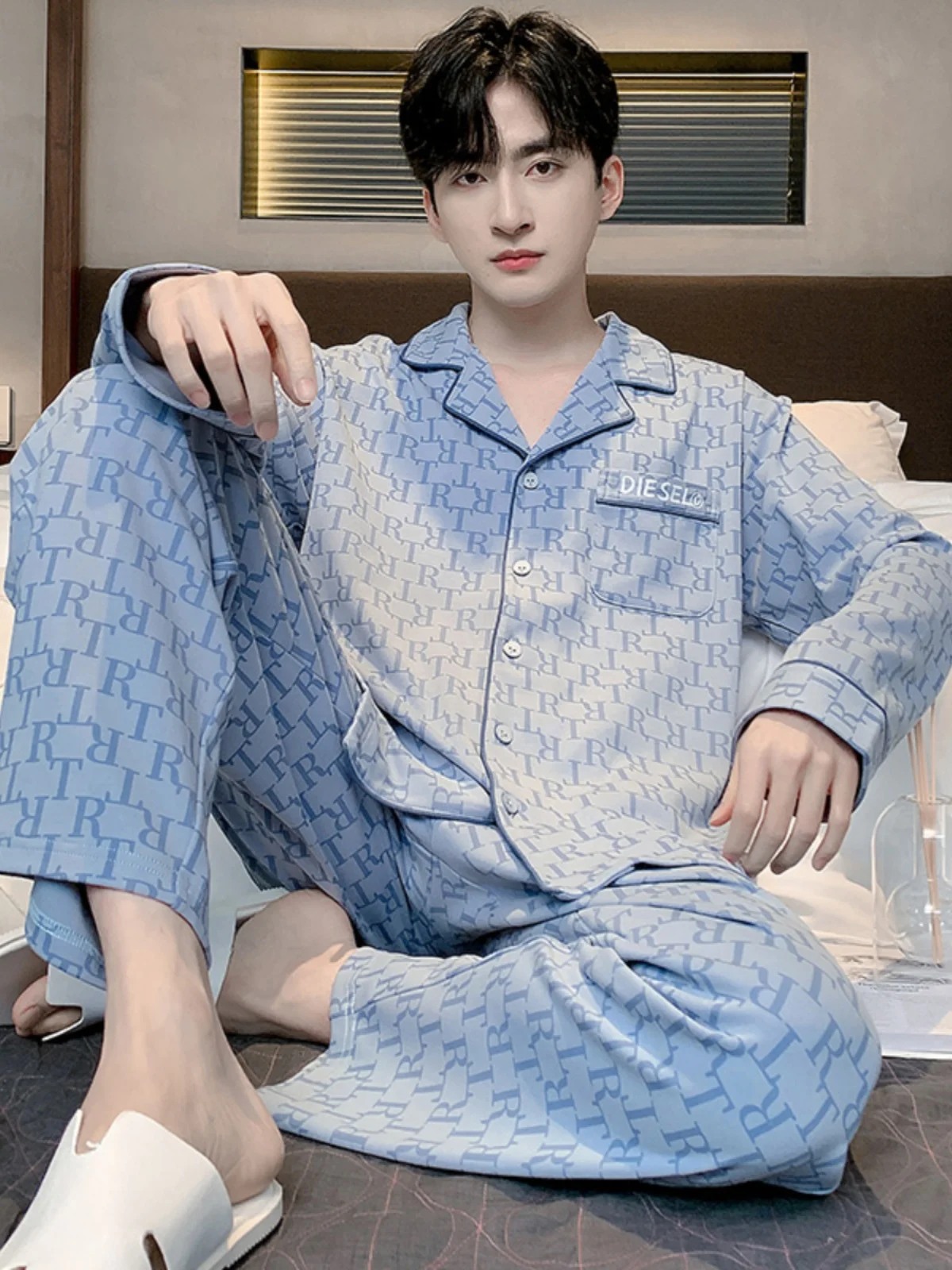 Yueggplant Хлопковая пижама Мужской весенне-осенний кардиган с длинными рукавами из