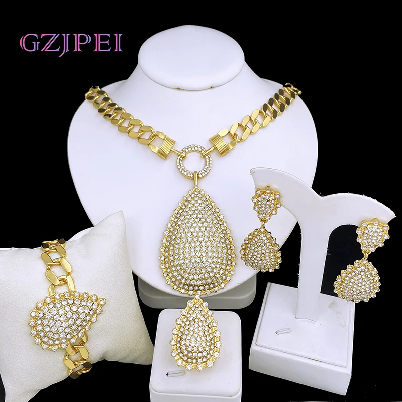 

Unique Women Jewelry Set Party Accessories 18K Gold Plated 4pcs Jewelry Necklace Earrings Ring Bracelet Big Water Drop Pendant