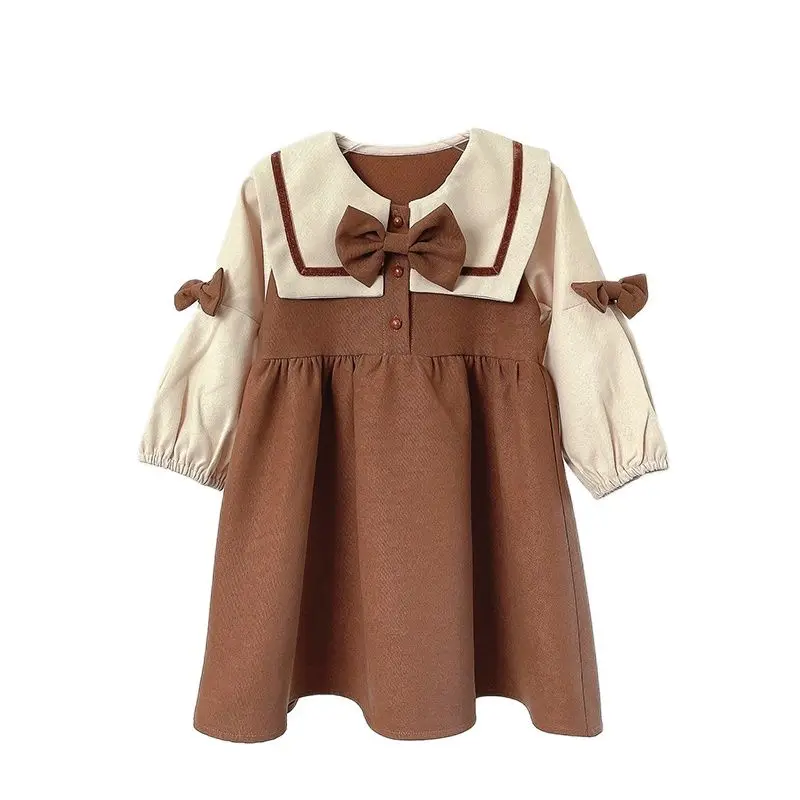 

2022 Spring Autumn Korean Style School Style Long Sleeve Casual Dress Bowknot Decoration Girl Kid's Dress