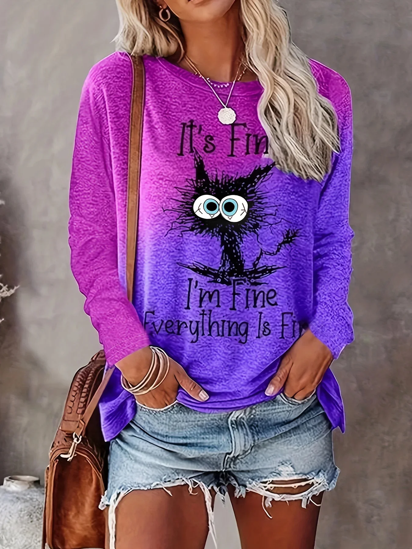 Футболка с круглым вырезом и принтом милого кота повседневная футболка длинными