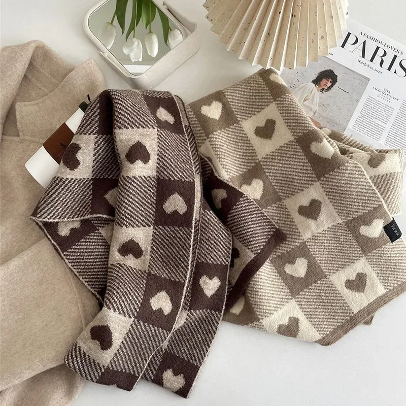 Зимний теплый мягкий вязаный шарф для женщин и мужчин корейский клетчатый из