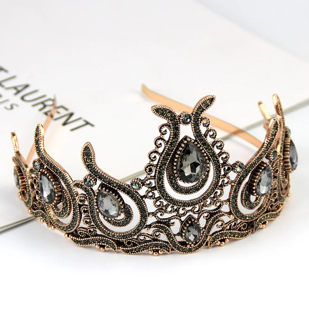 Neovisson Fashion Charm Jewelry Rhinestone Tiaras Flower Crown for Women Ethnic Wedding Hair Jewelry Antique Gold Color