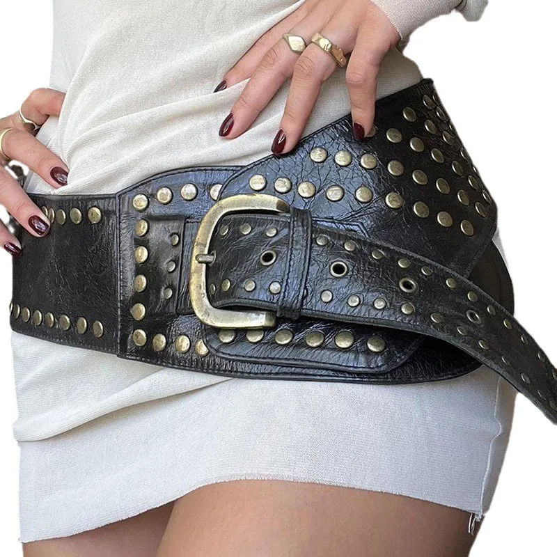 New Chic Punk Style Asymmetric Belt Rivet Stitched Leather Belt for Women Gothic Streetwear PU Waistband Harajuku Aesthetic