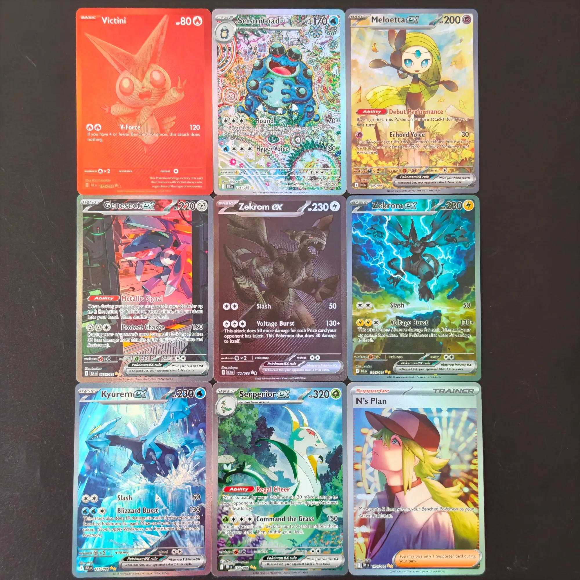 Фото Набор из 9 коллекционных карт Pokemon BLK Unova Legend Holo/Flash (прокси-карты TCG) на английском языке: Zekrom ex, Victini, Meloetta, Genesect, Kyurem №1