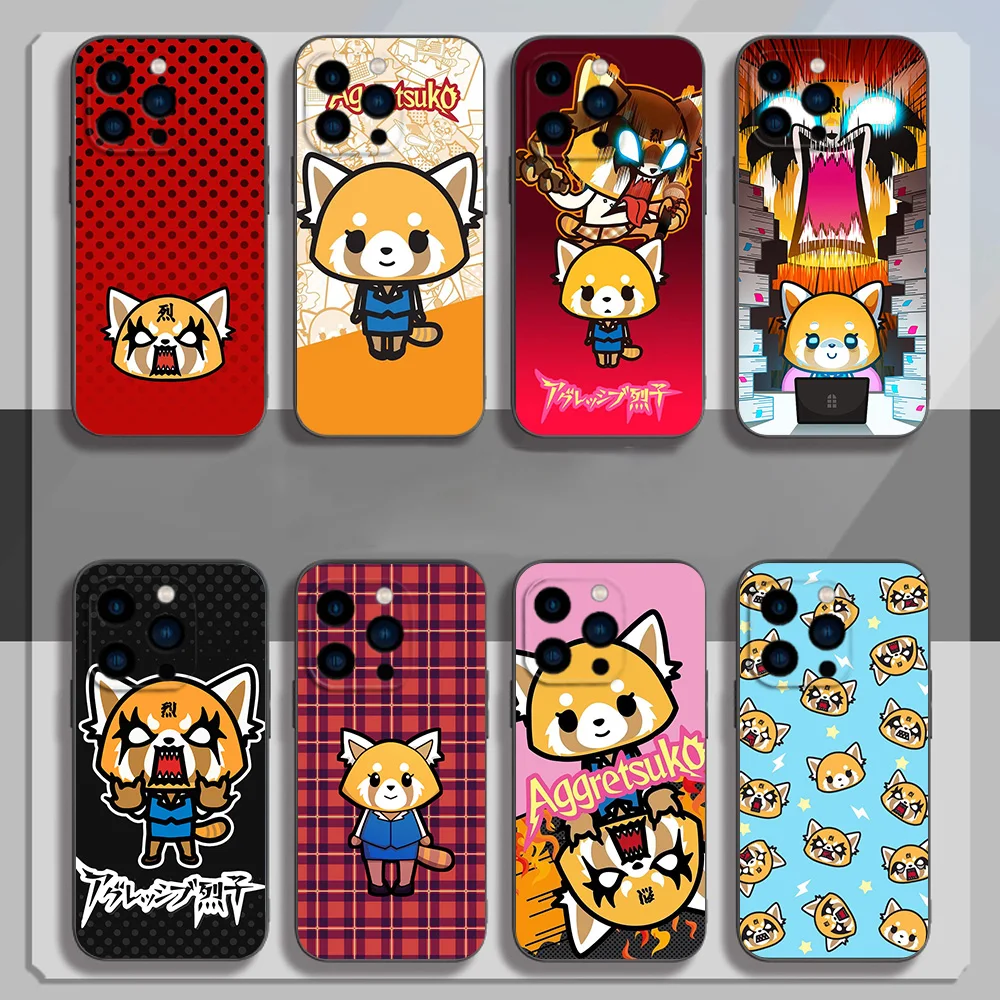 MINISO Cute Aggretsuko Phone Case for iPhone 12 11 13 14 15 16 Max Pro Plus Black Soft Silicone Cover