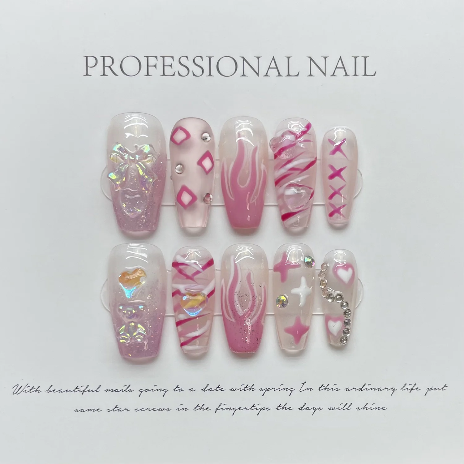 10 шт. накладные ногти в форме гроба ручной работы Y2k с ножным бантом звездой