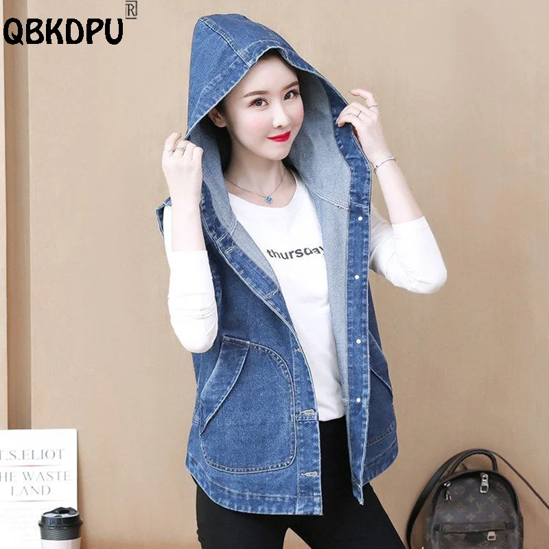 

Casual Hooded Denim Vests Women Oversize 4xl Sleeveless Jean Jackets Fashion Chaleco Mujer Spring Summer Loose Cowboy Waistcoat