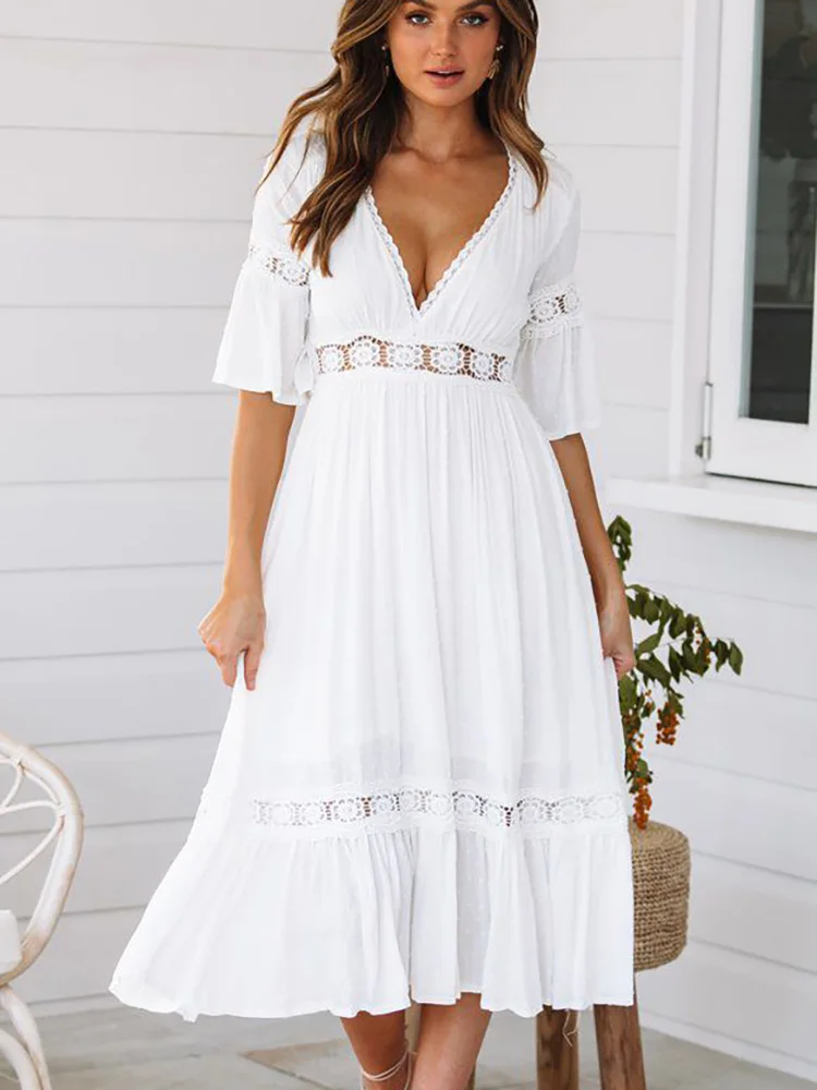 

White Dress Women Bohemian Beach Style Dresses Spring Summer Short Sleeve Hollow Out V-neck Casual Long Dress Female Vestido