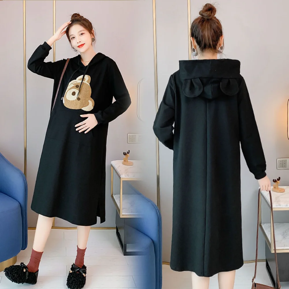 

Maternity Clothes Autumn Winter Stitch Maternity Dresses for Pregnant Women Fleece-Lined Thickened Long Dress Maternity Dress