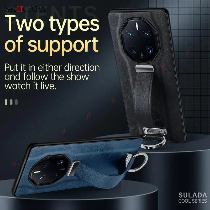 

Кожаный противоударный чехол для телефона Huawei Mate 50RS, металлический кольцевой держатель, кронштейн, чехол для Mate 50 40 30 Pro, чехол-подставка с ремешком на запястье