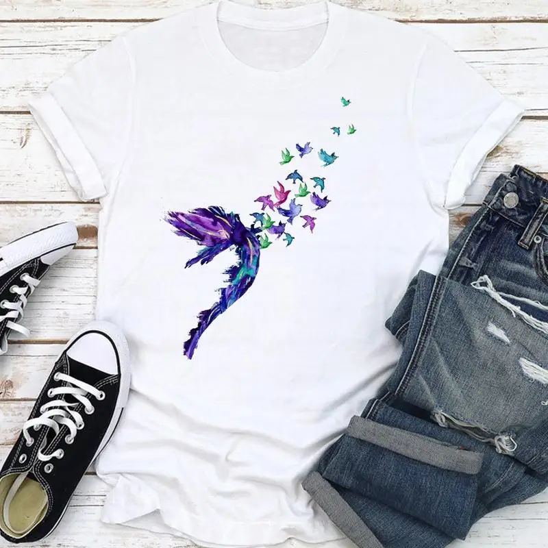 

Tee Short Sleeve Feather Watercolor 90s Style Cute Casual Female Lady Fashion Shirt T Women Clothes Tshirt Top Graphic T-shirts