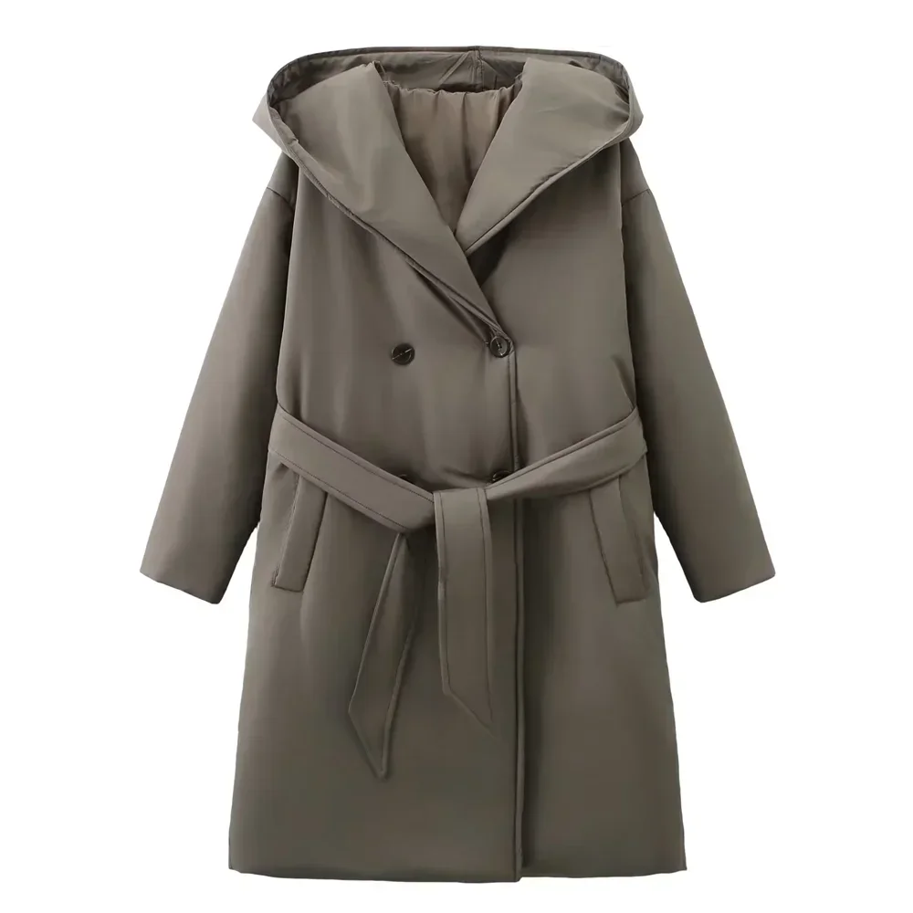 Женская двухбортная куртка с капюшоном свободная хлопковая длинным рукавом и