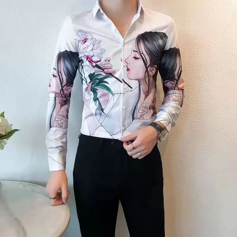 2023Spring Fashion Man Vintage Beauty Girl Printed Social Black Shirts Casual Luxury Mens White Slim Fit Long Sleeve Dress Shirt