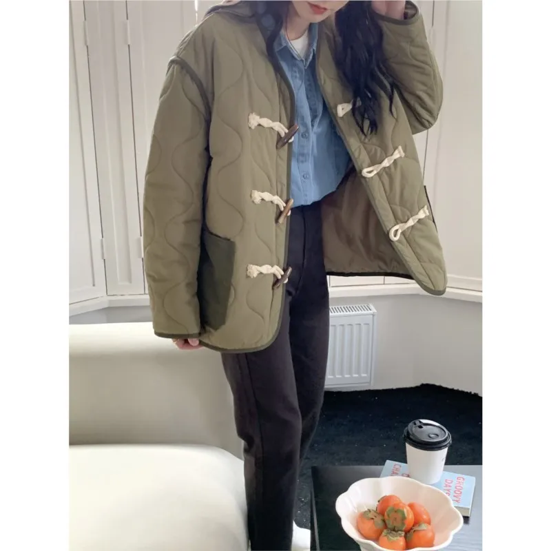 Cow Horn Button Rhombic Cotton Jacket For Women In Autumn Winter Vintage Style Medium Length Loose And Versatile Cotton Jacket