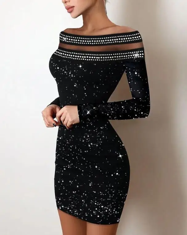 

Rhinestone Off Shoulder Glitter Bodycon Dress for Women Long Sleeve Plain Sheer Mesh Mini Skinny Party Dresses Wedding Guest