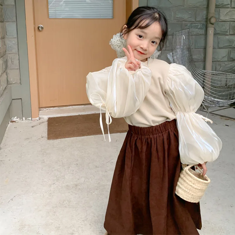 

2022 Children Sets Shirts Lantern Sleeve Pullover Skirt Elastic Waist A-line Ankle Length Solid Elegant Autumn Children Girls