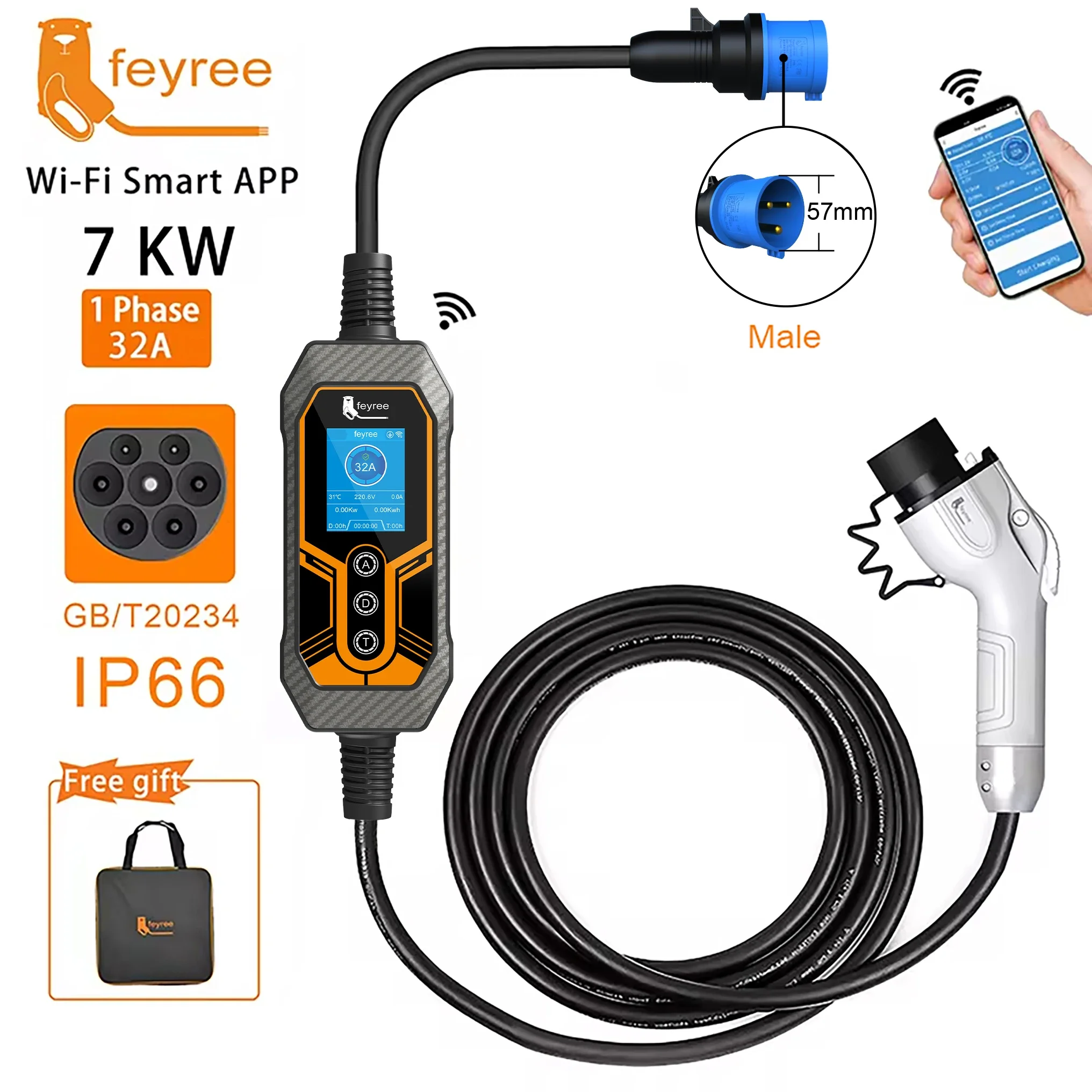 

Feyree GB/T Портативное зарядное устройство для электромобилей 32A 7KW 1-фазное приложение Bluetooth Версия EVSE 11KW 16A 3-фазный кабель 5 м вилка CEE для электромобиля