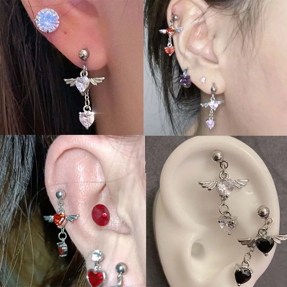 

1Pc/Pair Angel Wings Heart Piercing Earring for Women Zircon Shin Love Heart Chain Tassel Ear Stud Helix Earrings Boday Jewelry