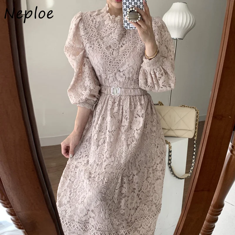 

Vintage Grace Palace Style Female Robe O-neck Lace Crochet A-line Maxi Dress Women High Waist Puff Sleeve Autumn Vestido