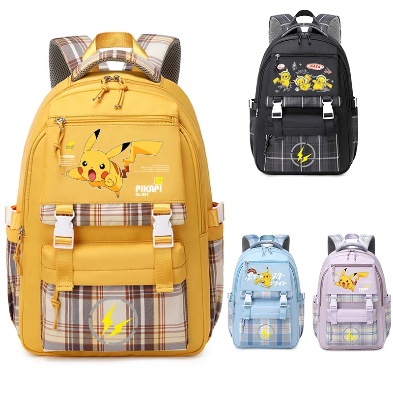 

Pokemon Cartoon Pikachu Printed Checked Backpack Student Boys and Girls Shoulders Bag Large Capacity and Lightweight Schoolbag