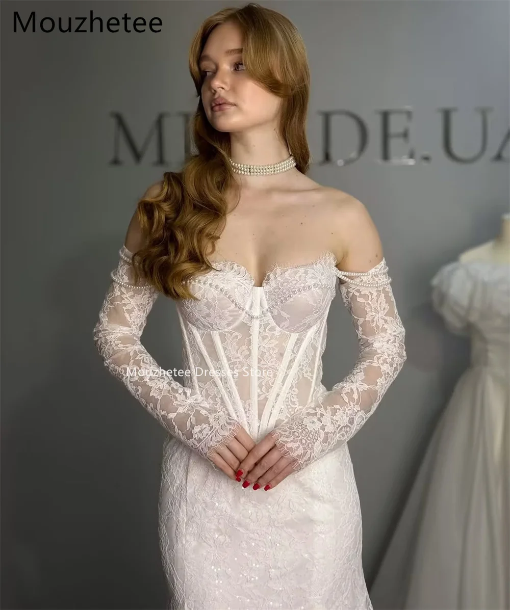 Фото Элегантное свадебное платье Mouzhetee Mermaid с тонкими бретелями, жемчугом и кружевом, простое, без рукавов, на заказ, 2026 №4