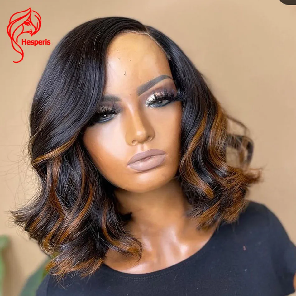 

Hesperis Wave Short Bob Human Hair Wigs For Black Women Remy Brazilian Colored Highlight 4.5x5.5 Pu Silk Base Lace Cosure Wig
