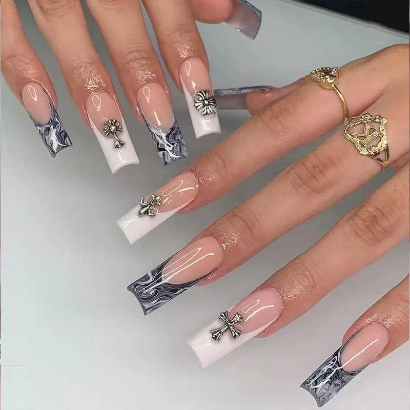 

French Black and White Halo Cross Long Ballet Nail Art Fake Nail
