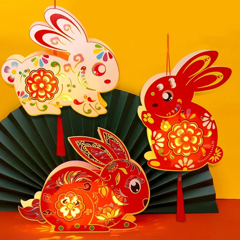 

Rabbit Lantern Festival DIY Home Decor Glowing Bunny Hanging Lanterns Handheld Paper Lamp For 2023 Chinese New Year Party Gift