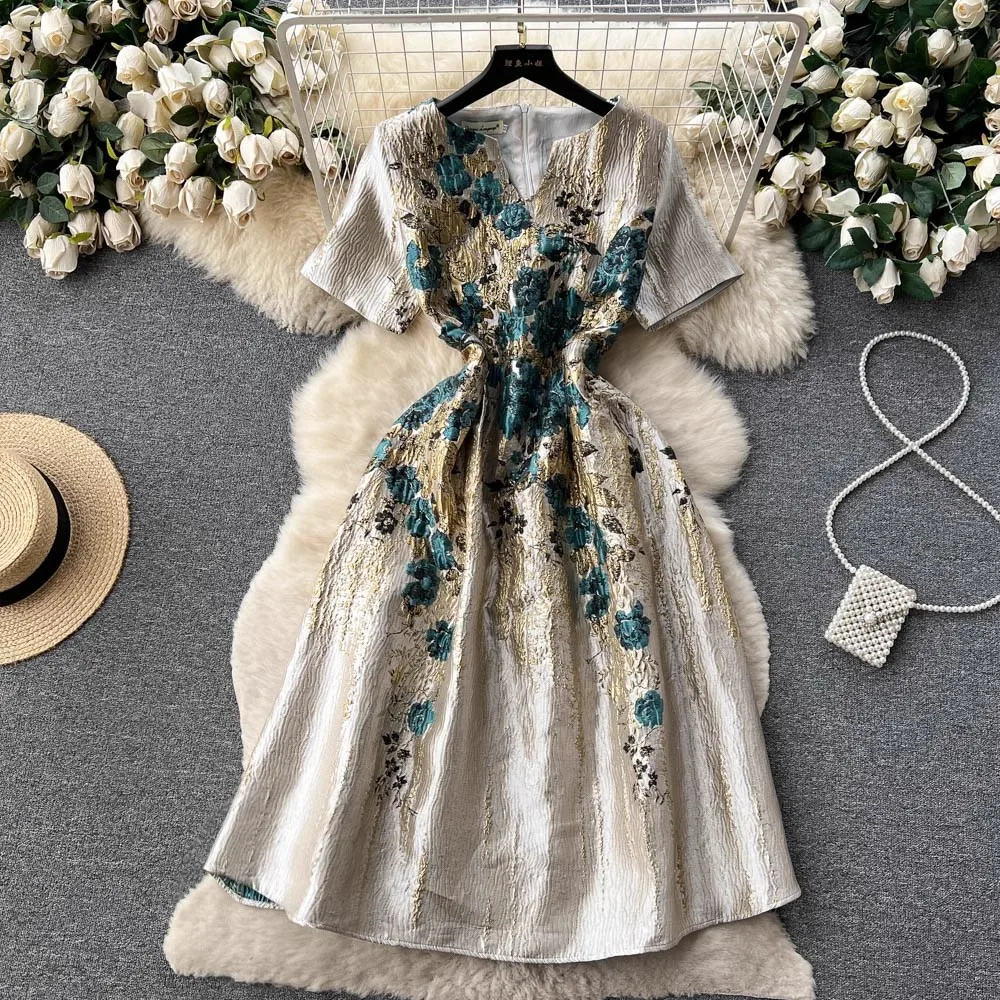 

Women's Spring Summer V Neck Embroidery Print Dress Female High Waist Chic Party A-line Vacation Beach Dress TB1596
