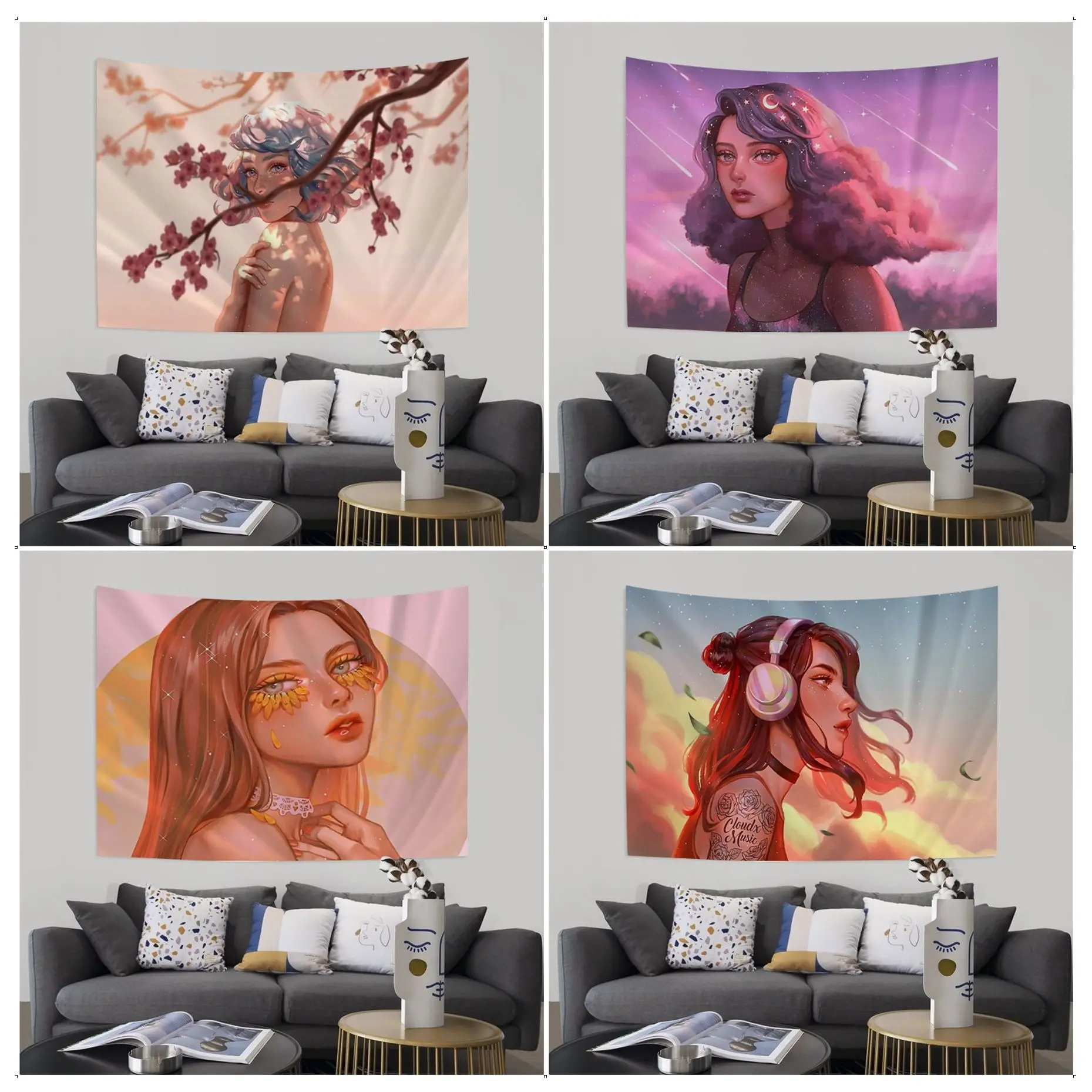 

Cute And Beauty Girl Colorful Tapestry Wall Hanging Hippie Flower Wall Carpets Dorm Decor Wall Hanging Sheets