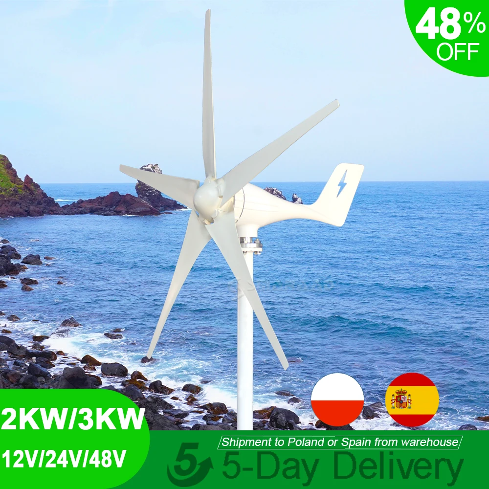 Piccolo generatore eolico 2000W 3000W 3/5 pale mulino a vento 12V 24V 48V energia eolica con Controller MPPT per uso domestico