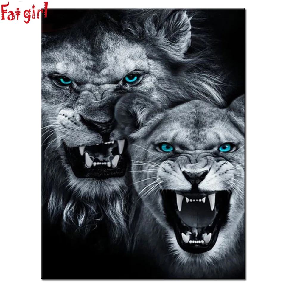 Full Display 5d Diy Diamond Painting Blue Eyes Lion and Cub Embroidery Diamond Mosaic Square Round Drill Black White Animal Gift