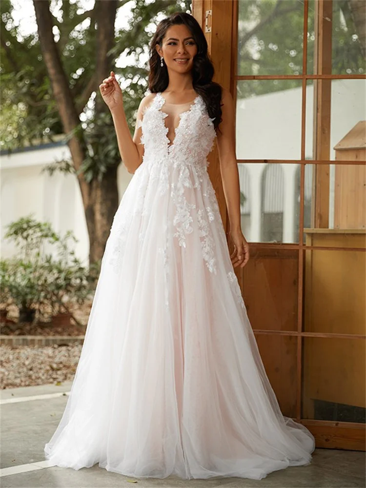 

A-Line/Princess Tulle Applique Scoop Sleeveless Sweep/Brush Train Wedding Dresses Wedding Dresses for Women 2022 Bride