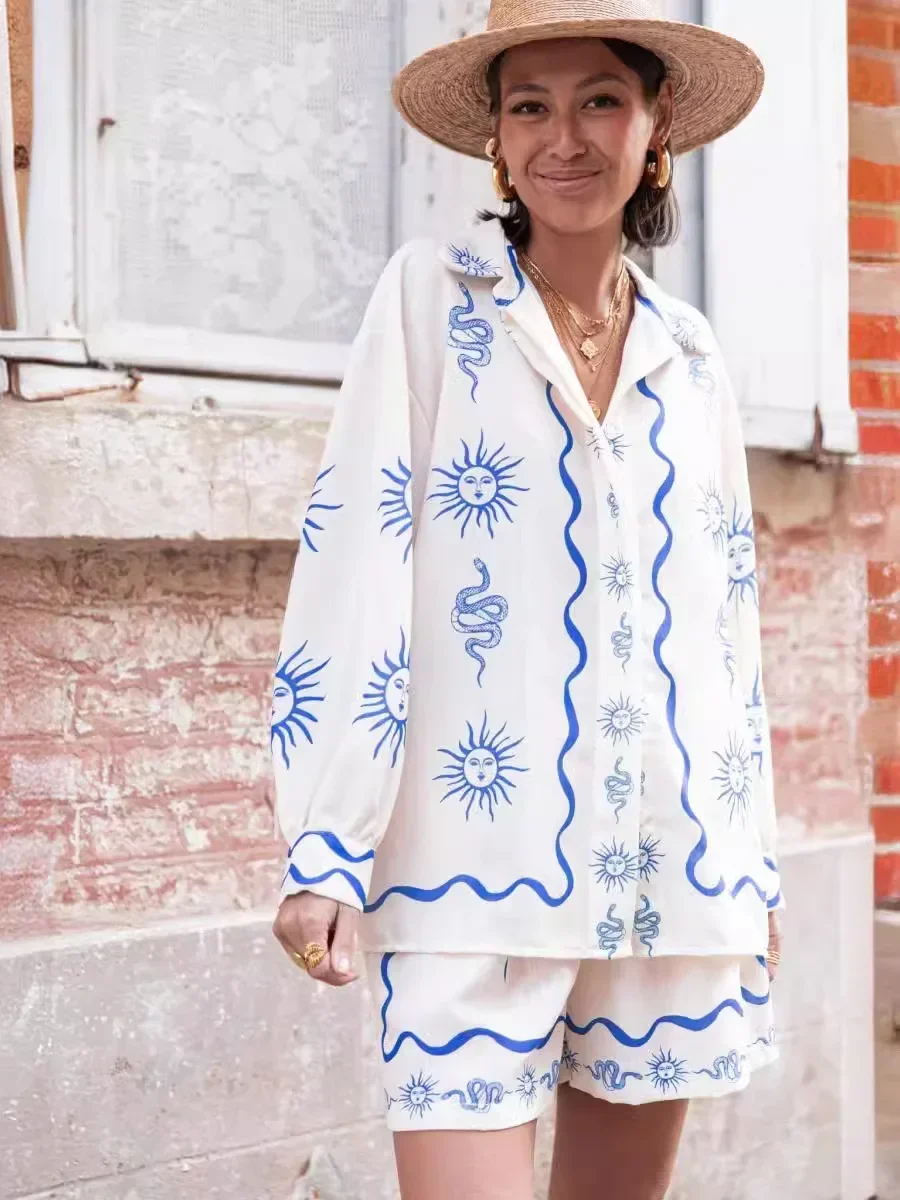 Женские свободные брючные костюмы летняя рубашка с длинным рукавом принтом