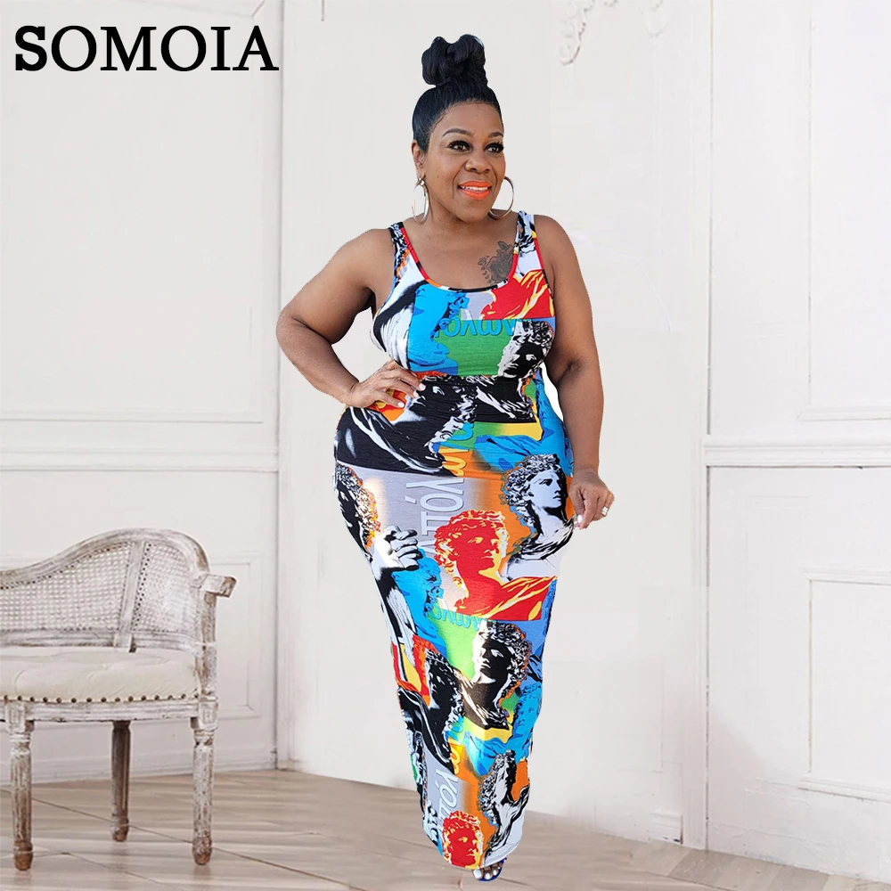 

SOMOIA Plus Size Women Clothing Sexy Fashion Print Street Style High Waist Suspender Summer Long Dress Wholesale Dropshipping