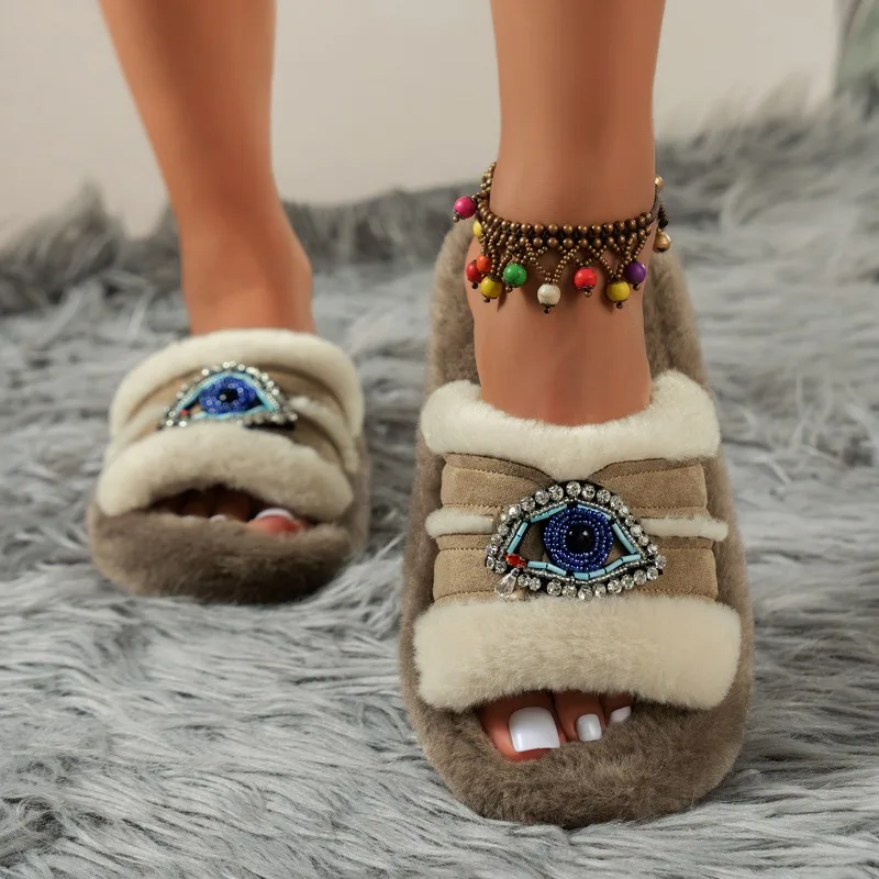 

Women Winter Fashion Soft Warm New Comfort Flat Fur Slipper Outside Fluffy Slippers Indoor Soft Plush Shoe Women luxury Slippers